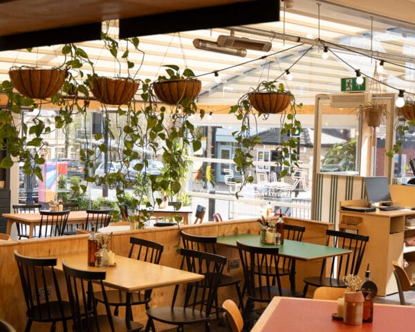 chapel allerton pizza restaurant interior decoration with plants and colourful tables